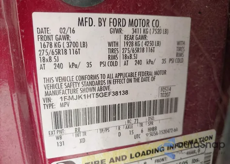 2016 Ford Expedition El Xlt z USA, uszkodzony, nr VIN 1FMJK1HT5GEF38138